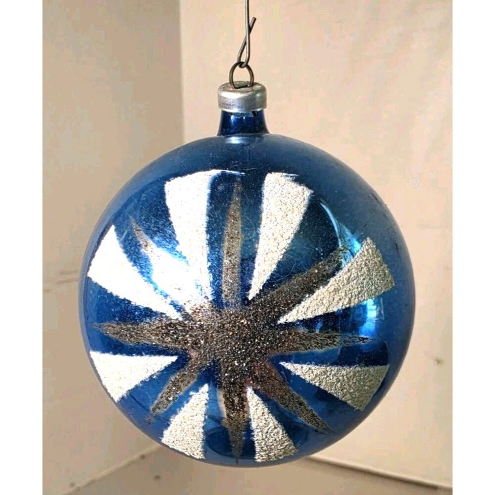 Rare Vintage Blue Atomic Star Snowflake Round Glass Christmas Ornament Austria